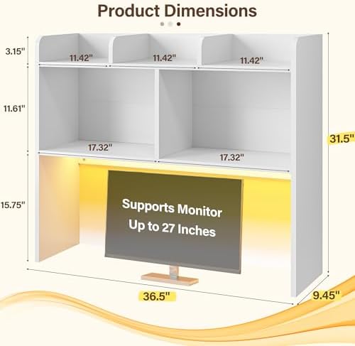 REIBII 3-Tier Desk Hutch with LED Light,6-Shelf Desktop Organizer,White - Image 2