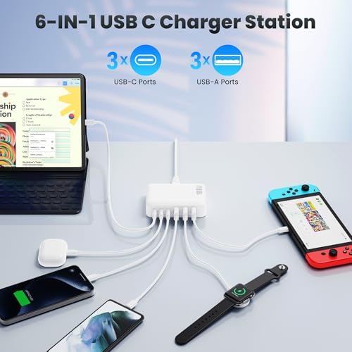 USB C Charger Block Charging Station,108W GaN III 6 Port 3xQC+3xPD Wall Charger Adapter Plug Cube,Super Fast Type C Charging Hub Box for iPhone 17 16 15 14 13 Pro Max iPad Samsung Pixel 5ft Cord-White - Image 3