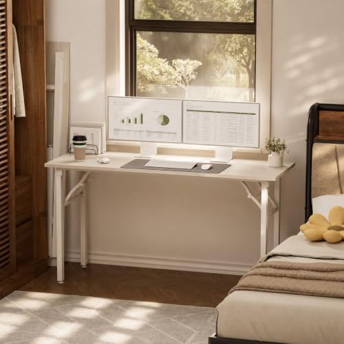 Folding Table Computer Desk - 55.1" No Assembly Folding Desk Design and Foldable Office Desk, Small Desk for Bedroom, Compact Storage Portable Use for Dorm and RV Small Space, White Ash - Image 2