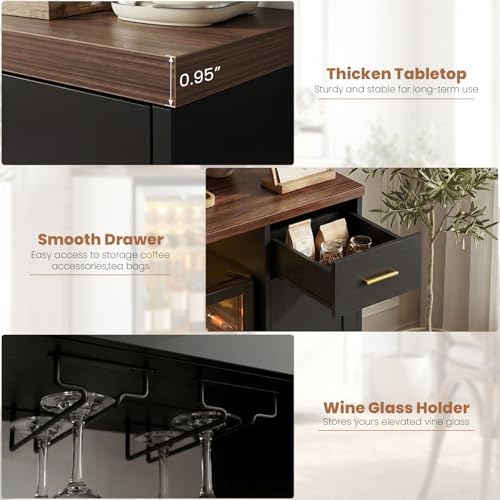Unikito Coffee Bar Cabinet with Mini Fridge Space & Power Outlet, Black - Image 4