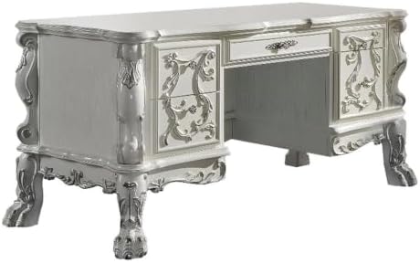 Pemberly Row 75" Wood Office Desk, Bone White Finish, Floral Carvings, Hand-Brushed Silver Accents, 5 Felt-Lined Drawers, Sturdy Claw Feet, Traditional Executive Style, Home Office Workspace by PEMBERLYROW