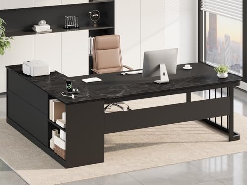 UPOSOJA 71" Executive Desk, Large Office Desk with Drawers & Storage Shelves, Modern L Shaped Computer Desk Corner Desk with Power Outlets, File Cabinet, Business Furniture Desk Workstation (Black) by UPOSOJAWishesYouaNiceDay