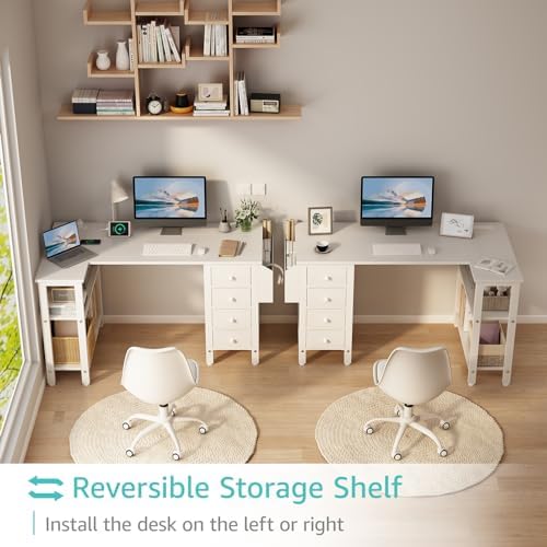 Lufeiya White L Shaped Computer Desk with Drawers & Storage Shelves, 47 Inch Corner Reversible Desk with Power Outlet for Home Office Bedroom, L-Shaped Teen PC Desks with Fabric Drawer, White - Image 4