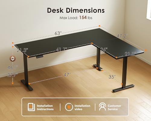 OffiGo 63 Inch Reversible L Shaped Electric Standing Desk, Black - Image 3
