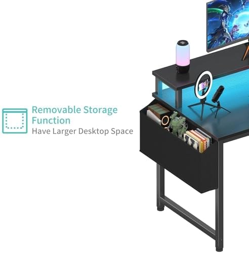 Lufeiya Black Gaming Desk with LED Lights and Power Outlets, 40 Inch Teen Writing Study Table Home Office Desks with Monitor Stand, Computer Desk with Charging Station USB Port, Black - Image 7