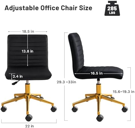 Furniliving Home Office Desk Chair, Armless Desk Chair with Wheels Soft Velvet Adjustable Height, Comfy Computer Rolling Chairs with Gold Metal Base Stool,Black - Image 2