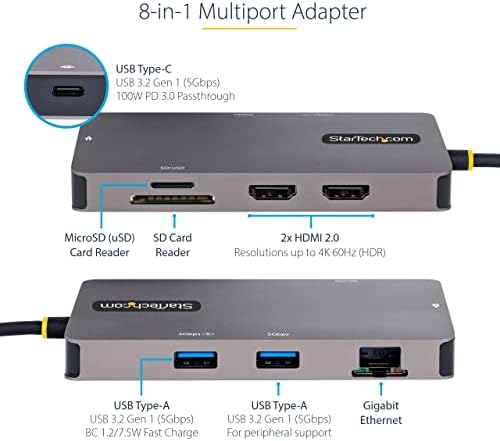 StarTech 8-in-1 USB-C Mini Dock, Dual 4K 60Hz HDMI, 5Gbps, GbE, SD, 100W - Image 2