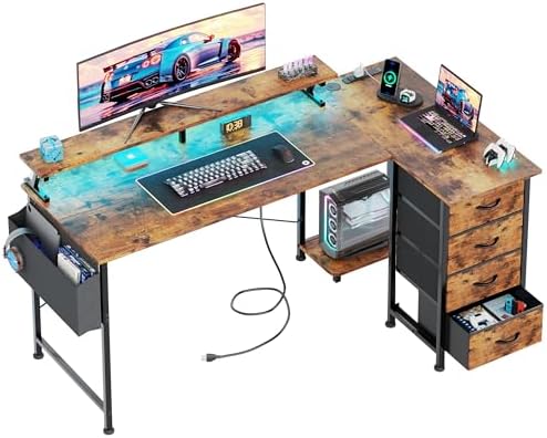 VERMESS 63" Reversible L Shaped Gaming Computer Desk, Corner Desk with Power Outlets & Monitor Stand, Writing Study Table with 4 Storage Drawers, Desk with LED Lights, Rustic Brown by VERMESS
