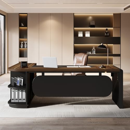 Tribesigns 81-Inch L-Shaped Office Desk, Large Commercial Office Desk with Drawers and File Cabinet, Modern Professional Business Furniture Workstations with Storage Shelves, Brown & Black - Image 3