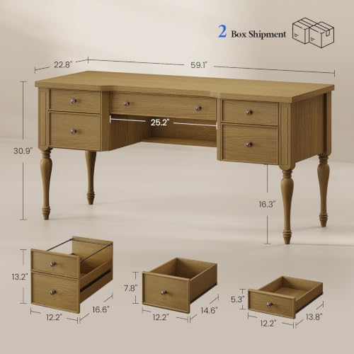 59in Wood Executive Desk with Solid Wood Legs & Keyboard Tray - Image 2