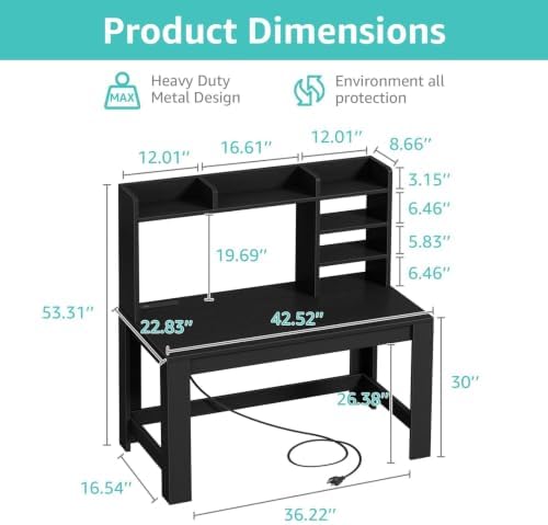 WINAZ 43" Black Gaming Desk with Hutch and Built-in Power Outlet - Image 3