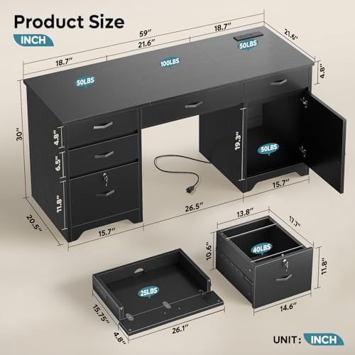 Bestier 59” Office Desk with Lockable Drawers & Charging Station, Black - Image 2