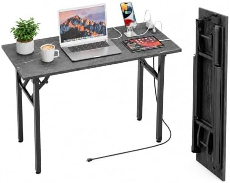 Folding Table Computer Desk - 43.3" No Assembly Folding Desk with Power Outlets & USB Charging Port, Small Desk, Foldable Office Desk, Compact Storage Portable Use for Small Space, Marble Greige by HMFOR