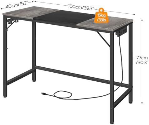 HOOBRO Computer Desk, 39.3 Inch Small Desk with Power Outlet, Writing Table with USB Charging Ports and 3 Hooks for Home Office, Bedroom, Easy to Assemble, Charcoal Gray and Black BC41UDN01 - Image 3