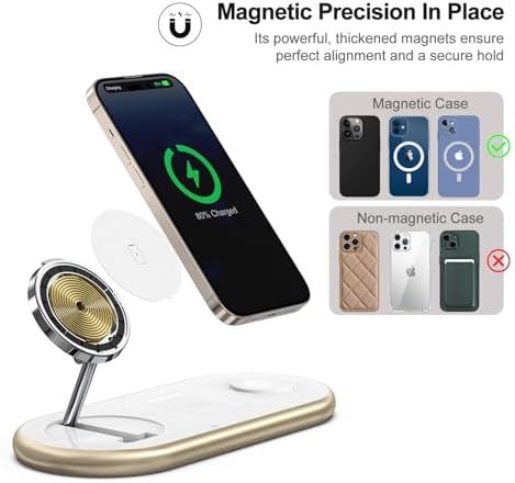 Magnetic Charging Station, 3 in 1 Faster Mag-Safe Wireless Charger Stand, Wireless Charging Pad for Apple Devices, iPhone 17/16/15/14/13/12 Series, iWatch Series, AirPods (Golden) - Image 3