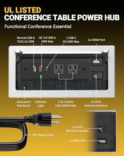 Kungfuking Conference Table Power Hub, Outlet Multimedia Connectivity Box with 1 HDMI + 1 RJ45 + 20W USB C + 2 USB A + 2 AC Outlets, Heavy Duty Metal Table Top Box for Countertop Office UL Listed - Image 4