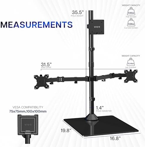 VIVO Triple Monitor Extra Tall Desk Stand for up to 49 inch Ultrawides on Center Bracket and 27 inch Screens on Side Brackets, Holds up to 44 lbs, Tempered Glass Base, Black, STAND-V103T-GB - Image 3