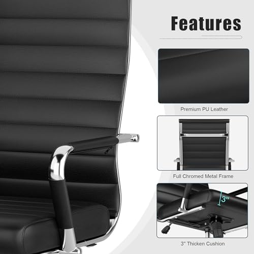 Okeysen Office Desk Chair, Ergonomic Leather Modern Conference Room Chairs, Executive Ribbed Height Adjustable Swivel Rolling Chair for Home Office Set of 2. (Black) - Image 5