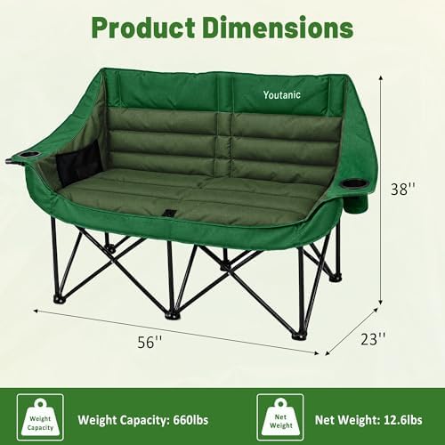 Youtanic Oversized Double Camping Chair, Folding Loveseat Camping Couch - Image 3