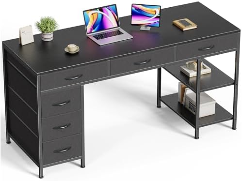 Huuger Computer Desk with 6 Drawers, Office Desk with Shelves, Reversible Gaming Desk, Corner Desk with Storage, Work for Home Office, Study, Living Room, 54inch, Black by Huuger