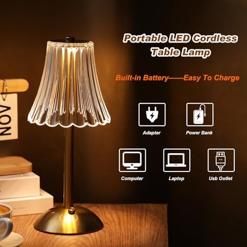 Liliful 30 Pcs Cordless Table Lamp LED Touch, Gold, Rose Style - Image 3