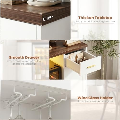 Unikito Coffee Bar Cabinet with Mini Fridge Space & Power Outlet, White - Image 5