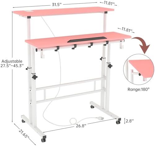 SIDUCAL Mobile Stand Up Desk with USB Ports and Outlets, Adjustable Laptop Desk on Wheels, Home Office Workstation, Rolling Laptop Cart for Standing or Sitting, 31.5" x 23.6"Pink - Image 2