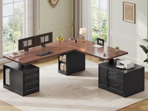 SEDETA Farmhouse L Shaped Electric Standing Desk with File Cabinet, 77 x 55'' Height Adjustable Home Office Computer Desk with 6 Drawers, Power Outlet, Sit Stand Desk, Black by SEDETA