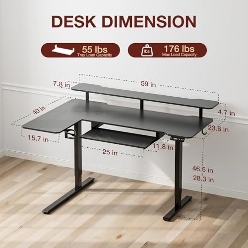 Acrolix 59" L Shaped Standing Desk with Shelves Keyboard Tray,Black Carbon - Image 3