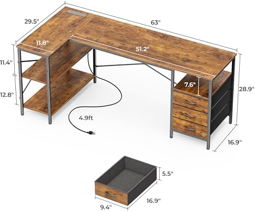 Huuger L Shaped Office Desk with Power Outlets & 3 Drawers - Image 3