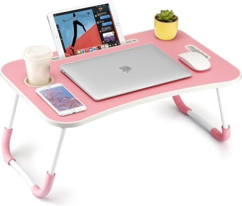 FISYOD Foldable Laptop Table, Portable Lap Desk Bed Table Tray, Laptop Stand with Cup Holder & Tablet Slot & Lifting Handle for Working Writing Drawing & Eating (Pink) by FISYOD