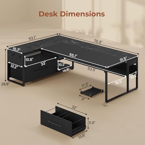 UPOSOJA 71" Executive Desk, L Shaped Office Desk with Widen File Drawers - Image 2