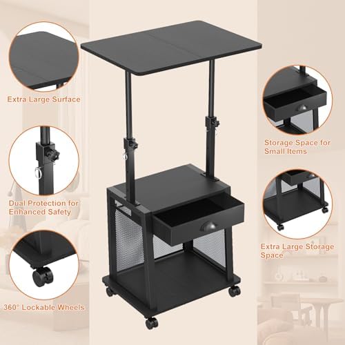 Height Adjustable Standing Desk with Wheels,Mobile Sit Stand Up Desk with Drawer,Rolling Laptop Computer Desk with storage,Portable Podium Teacher Stand Desk,Narrow Walking Pad Desk for Home Office - Image 5
