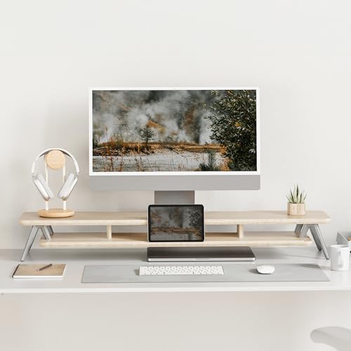 Fenge Dual Monitor Stand Riser, Wooden Desk Shelf with 2-Tier Storage - Image 2