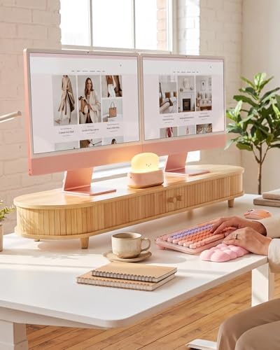 Bamboo Dual Monitor Stand with Storage, 42 Inch Desk Shelf Riser by WELLWENG