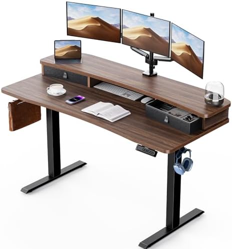 HUANUO 60″ x 30″ Electric Standing Desk with 2 Drawers, C-Clamp Mount Compatible, Height Adjustable Computer Desk, Home Office Stand Up Desk with 4 Preset Heights & 2 Hooks, Walnut by HUANUO