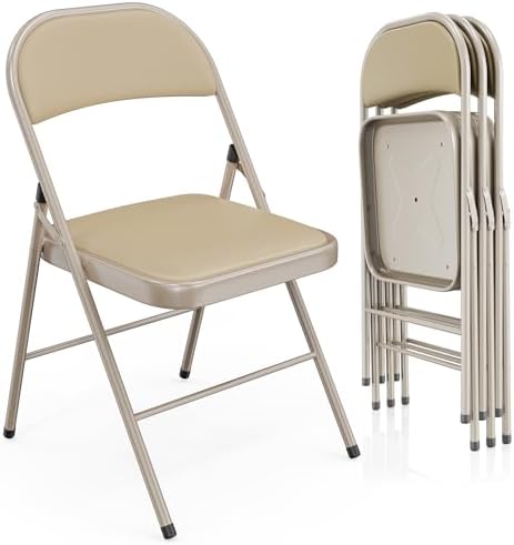 VINGLI 4 Pack Folding Chairs with Padded Seats, Metal Frame with Pu Leather Seat & Back, Capacity 350 lbs, Set of 4, Khaki by VINGLI