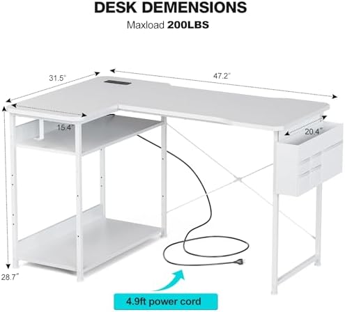Acrolix L Shaped Gaming Desk 48 Inch - Computer Corner Desk with Power Outlets, Reversible Shelves & Storage Bag for Home Office, PC Gaming Table, White Carbon - Image 3