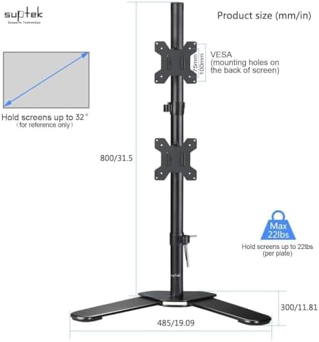 Suptek Dual LED LCD Monitor Stand up Free-Standing Desk Mount for 2 / Two Screens up to 32 inch Extra Tall 31.5 inch Pole Heavy Duty Fully Adjustable Stand Vertical Array (ML6802) - Image 2