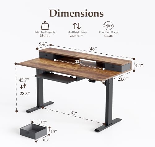 Klicelor 48 x 24 Inch Electric Standing Desk with Drawers and Keyboardtray, Adjustable Height Small Sit Stand Desk for Home Office, Compact Computer Workstation with Storage- Rustic Brown - Image 3