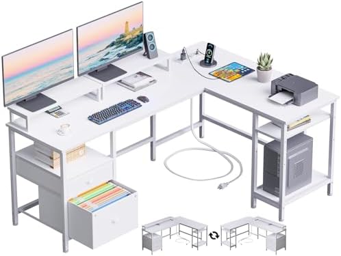 Furologee White 59” L Shaped Desk with Power Outlet, Reversible Computer Desk with File Drawer & 2 Monitor Stands, Corner Home Office Table with Storage Shelves for Gaming Writing by Furologee