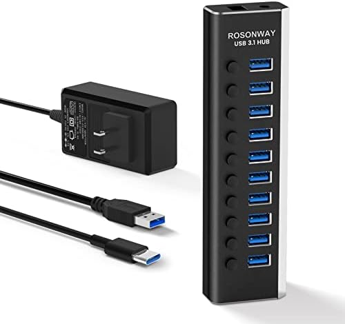 Rosonway 10-Port Powered USB 3.2 Hub 10Gbps,Aluminum USB Hub 36W, RSH-A10S by ROSONWAY