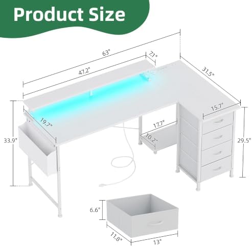 VERMESS 63" Reversible L Shaped Gaming Computer Desk, Corner Desk with Power Outlets & Monitor Stand, Writing Study Table with 4 Storage Drawers, Desk with LED Lights, White - Image 3