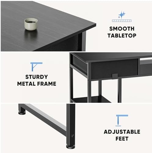 DUMOS 48-Inch Computer Desk with Drawers and Hook, Black - Image 6