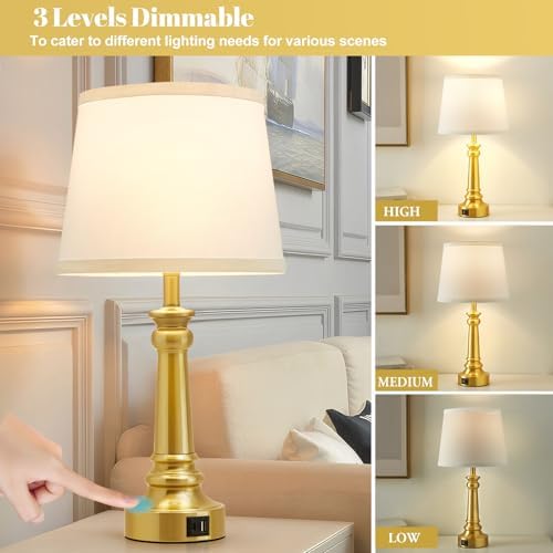 EJIAXIN Touch Lamps for Nightstand Set of 2 - Gold Table Lamp for Bedroom Dimmable Bedside Lamps with USB C+A Ports - Lamps for Night Stands Living Room End Table,2 LED Bulbs Included - Image 2