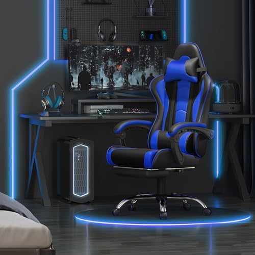 Yaheetech Gaming Chair with Footrest Massage Lumbar Pillow Black and Blue - Image 2