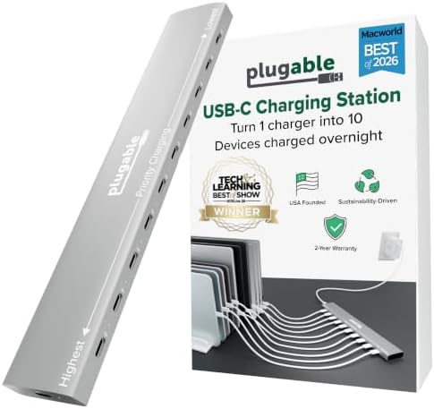 Plugable 10 Port USB C Charging Station, Up to 100W Charger for Multiple Devices with Priority Charging, Desktop Power Hub for USBC Devices Including Laptops Phones Tablets Earbuds and More (PS-10CC) by Plugable
