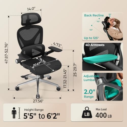 CAPOT Ergonomic Mesh Office Chair, Adjustable Lumbar High Back Desk Chair 400lbs, 4D Flip-up Arms, 3-Level Tilt Backrest, 3D Headrest, PU Wheels, Swivel Rolling Computer Seating for Long Desk Work - Image 2
