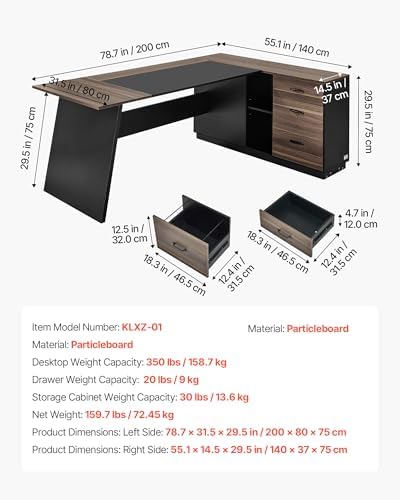 VEVOR L-Shaped Executive Desk, Large Modern Office Table with Drawers and Storage Cabinet, Heavy Duty Wooden Executive Table, 350 LBS Load Capacity, Easy Assembly, for Work Study Writing, Brown+Black - Image 2