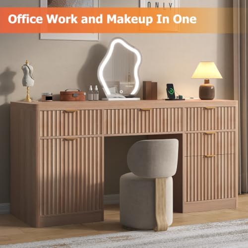 knoworld Fluted Executive Desk with Charging Station, 58" Wood Home Office Desk with 4 Drawers, 1 File Cabinet, 1 Storage Cabinet, Modern Writing Desk for Work, Living Room, Bedroom (Natural) - Image 4